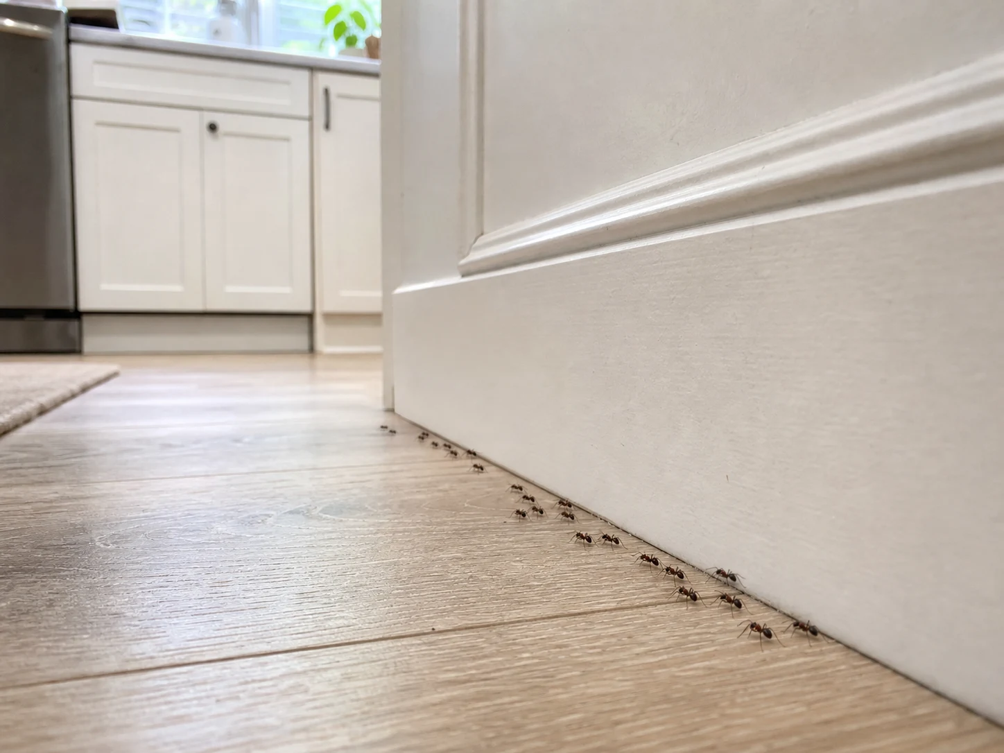 A visible trail of ants along a kitchen baseboard