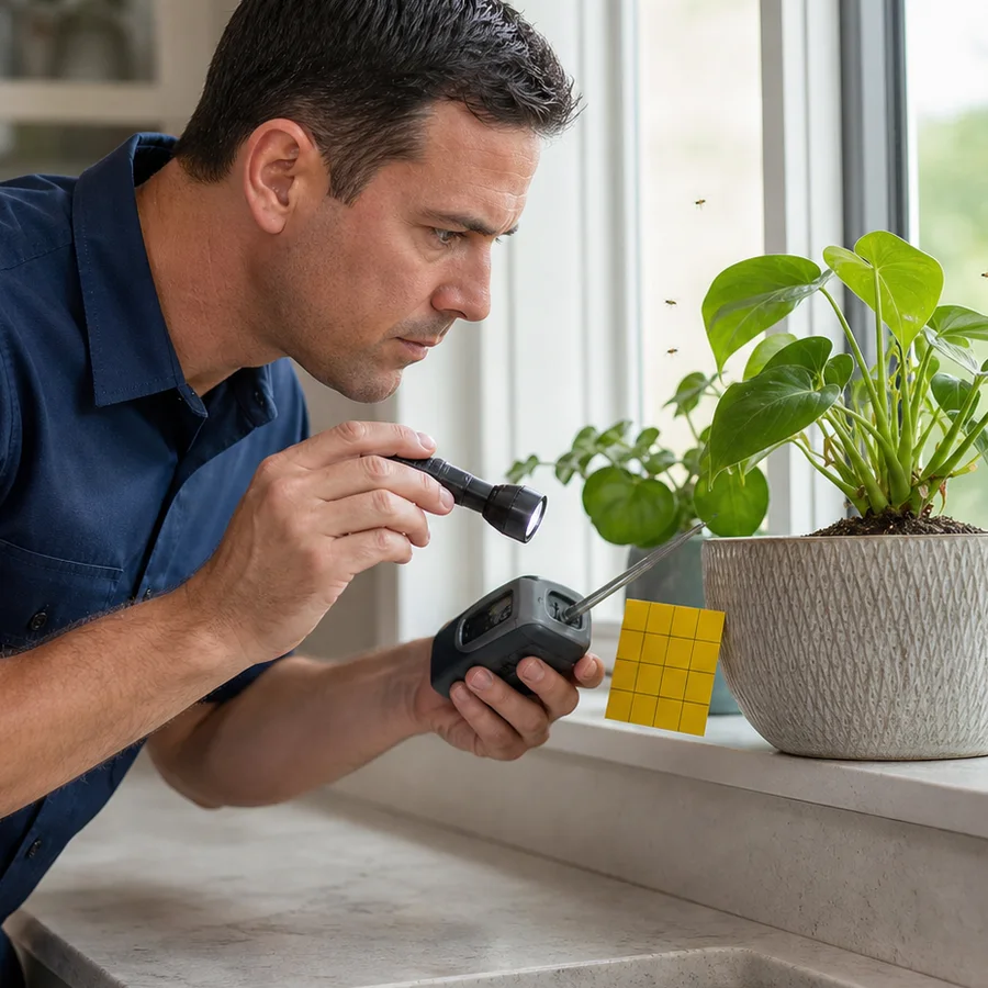 Close inspection of damp plant soil and a window area for fungus gnats