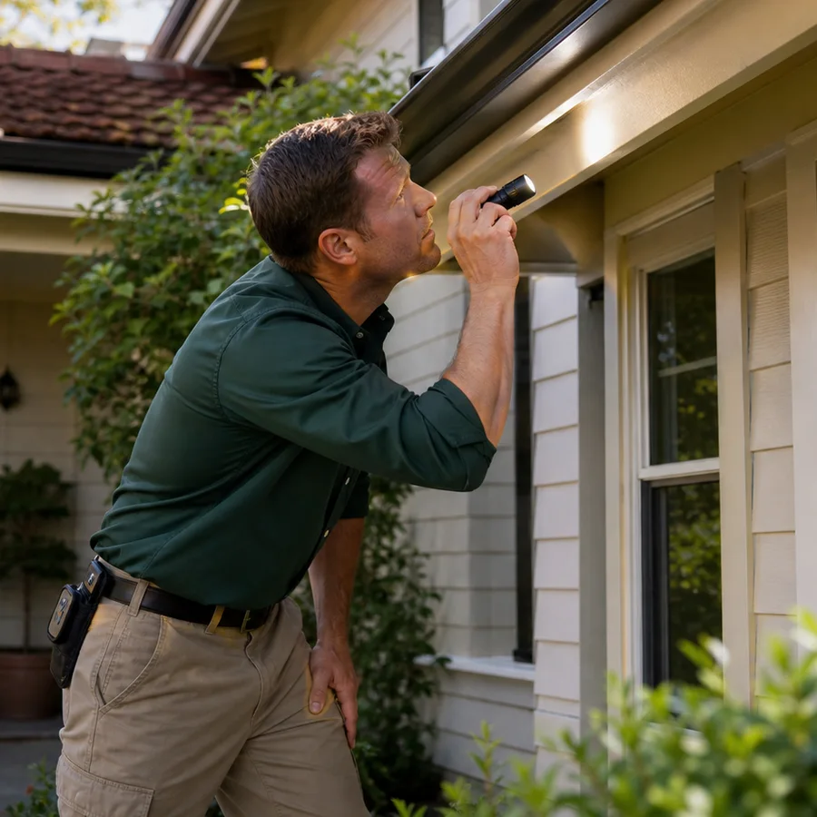 Close inspection of the exterior and foundation of a home