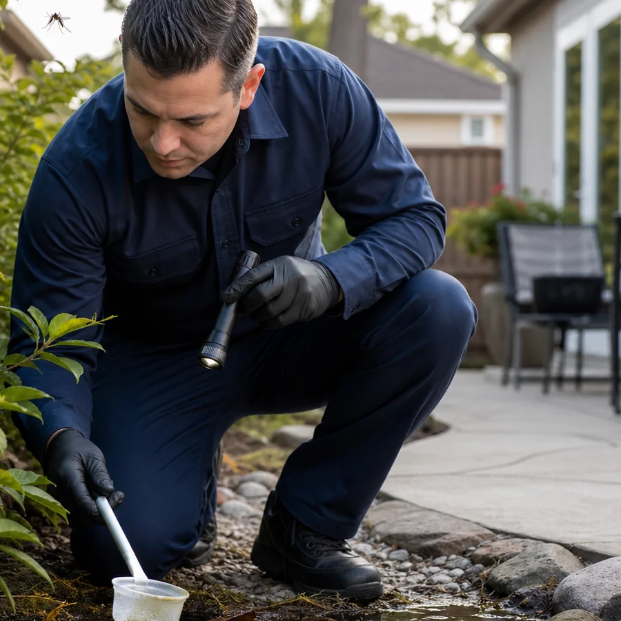Close inspection of standing water and shaded vegetation for mosquitoes