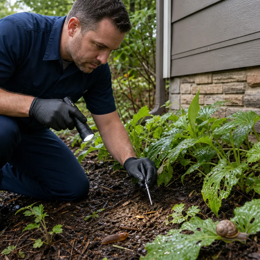Close inspection of garden damage, a snail, and a slug