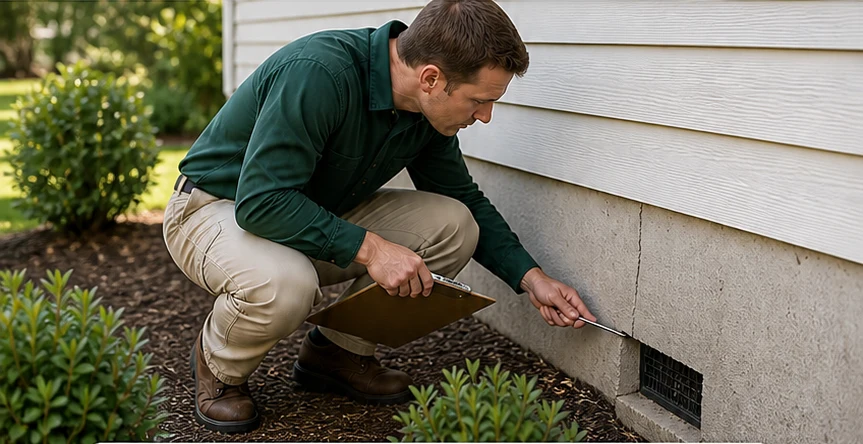 A pest-control technician inspecting a home foundation in daylight