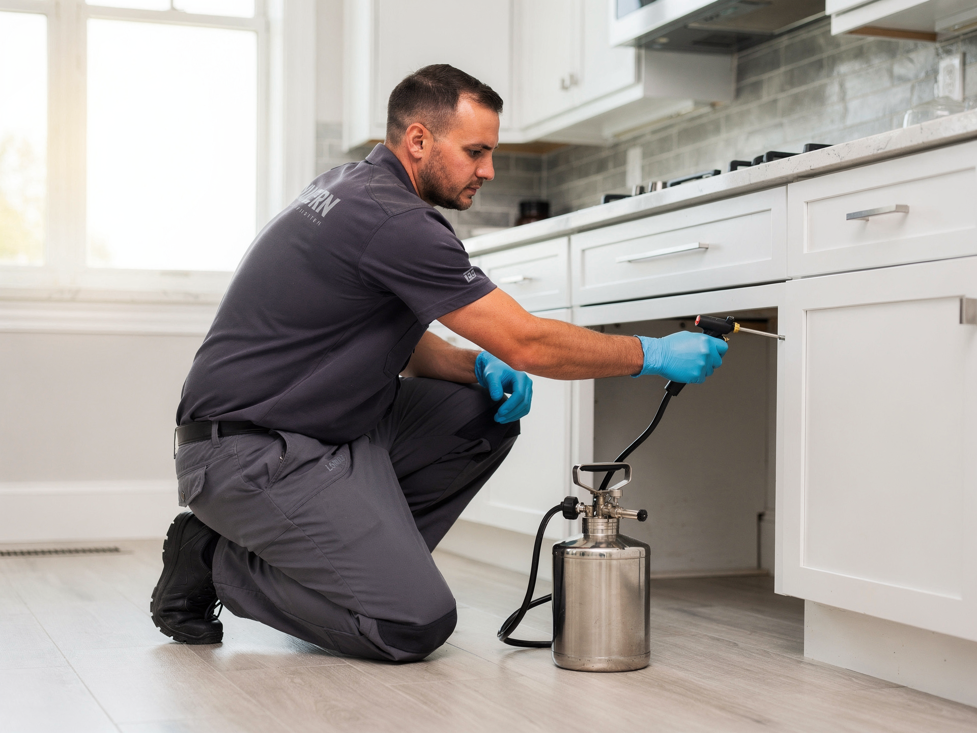 Hawx technician inspecting and treating under kitchen cabinets
